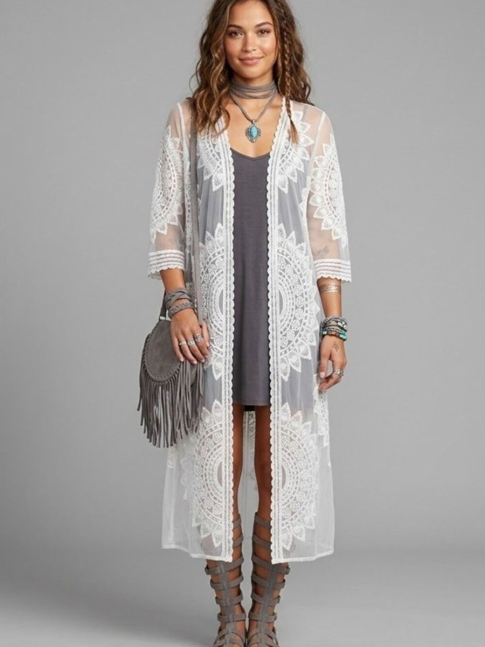 Rachel Zoe Sheer Lace Embroidered Open Front Kimono Cardigan